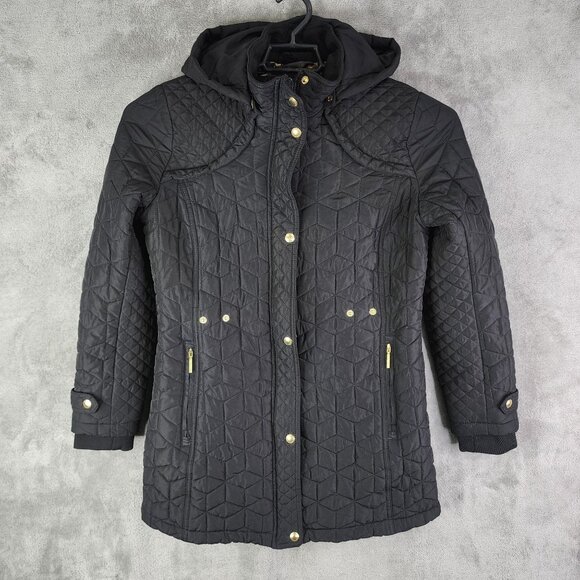 Womens Black Weatherproof Quilted Hooded Jacket w/ Floral Lining Full Zip Size M - Picture 2 of 12